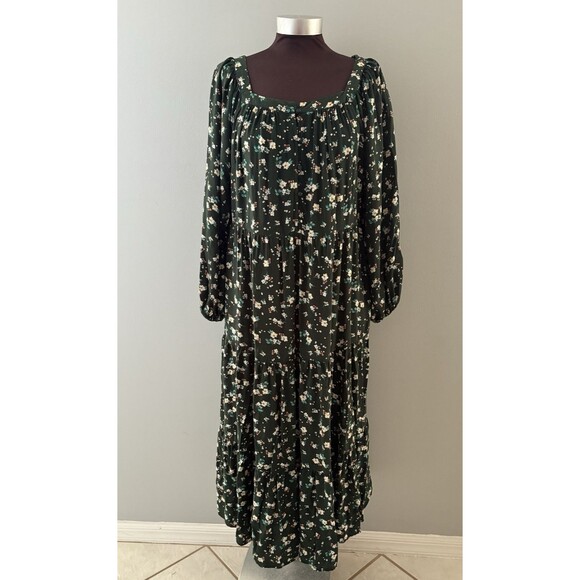 Old Navy Maxi Dress Size L Green Floral Tiered Prairie Forest Whimsigoth Modest - Picture 1 of 16